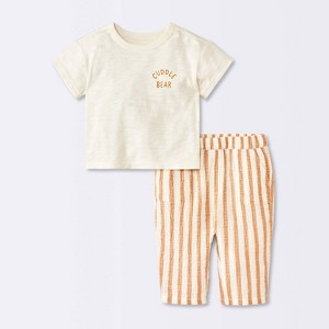 Baby Boys' 2pc Cuddle Bear T-Shirt and Striped Gauze Pant Set - Cloud Island™ Cream - 1 of 4