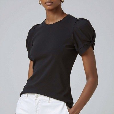 Knit & Lounge Women’s Short Sleeve Knit Top Puff Shoulder Detail Fitted Stretch Tee Casual Everyday Layering T-Shirt