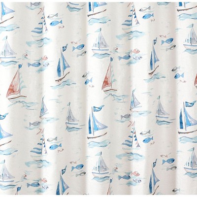 Maritime Blues Coastal Sailboats and Fish Fabric Shower Curtain, 72" x 72"