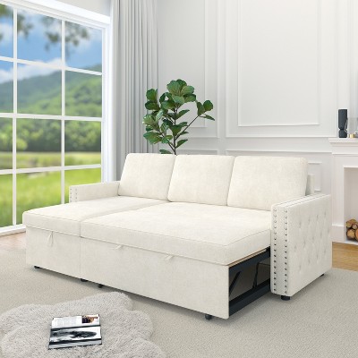 85"W 3 Seater Chenille Upholstered Sleeper Sofa with Storage Chaise, Square Handrail with Pull and Copper Nail, 4Q -ModernLuxe