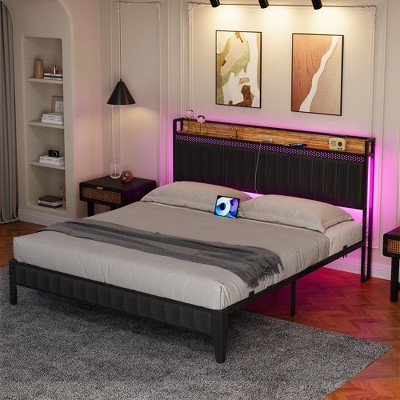 Whizmax Bed Frame with Charging Station, LED Bed Frame with Storage Headboard, Upholstered Platform Bed Frame, Easy Assembly
