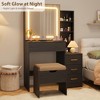 Modern Makeup Vanity with Sliding Mirror, 4 Drawers, 7 Shelves, 3 Light Colors, Charging Port & Stool for Bedroom - 3 of 4
