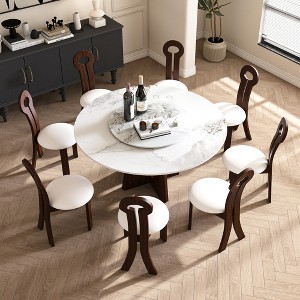 KWPZQEB 59" Round Marble Dining Table with Rotating Tray, Modern Sintered Stone Dining Table w/ Wood Walnut Base for Dining Room, Kitchen - 1 of 4