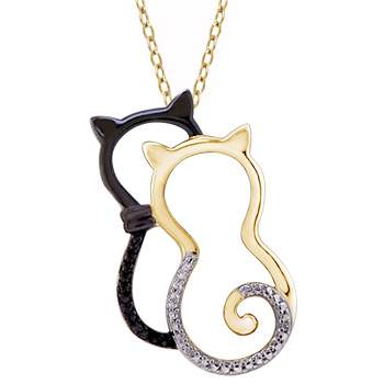 Women's Sterling Silver Accent Round-Cut Black and White Diamond Pave Set Cat Pendant - Yellow (18")
