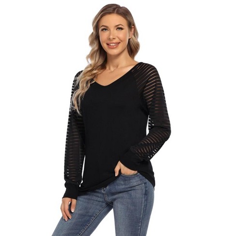 WhizMax Women's V-Neck Patchwork Sheer Mesh Long Sleeve Top Black S