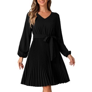 Allegra K Women's Pleated Tie Waist V Neck Long Sleeve A-Line Mini Dress - 1 of 4