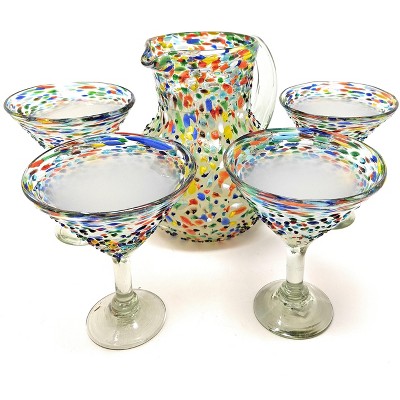 Dos Sueños Mexican Hand Blown Glassware Combo Set - Confetti Rock Design Pitcher and Modern Margarita Glasses