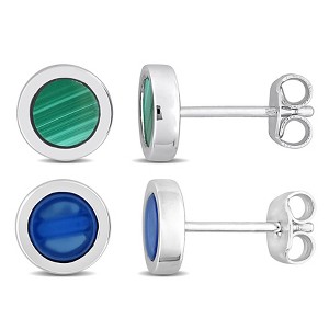 EVERLY JEWELRY | Men's Sterling Silver 1 1/4ct TGW Round Blue Agate and Malachite Stud Earrings 2-Piece Set - 1 of 4