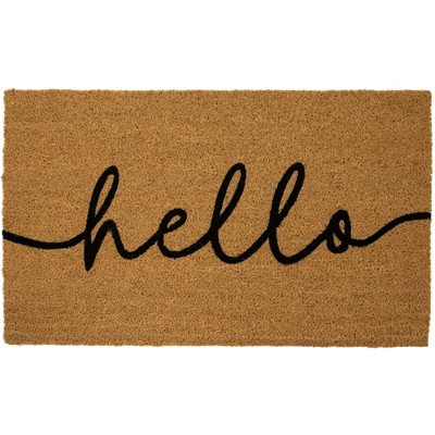 Northlight Brown and Pink Hello Floral Coir Outdoor Doormat 18 x 30