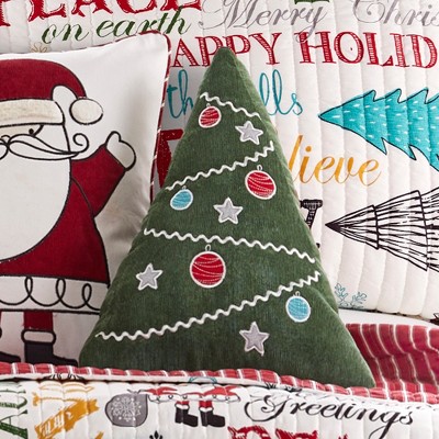 Green Corduroy Christmas Tree Embroidered Decorative Pillow