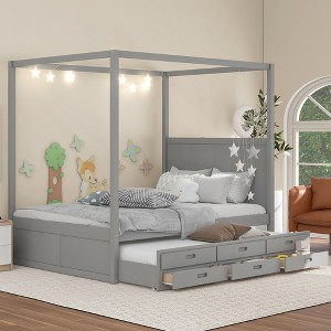 Queen Size Canopy Platform Bed with Twin Size Trundle Bed and Three Storage Drawers-ModernLuxe - 1 of 4