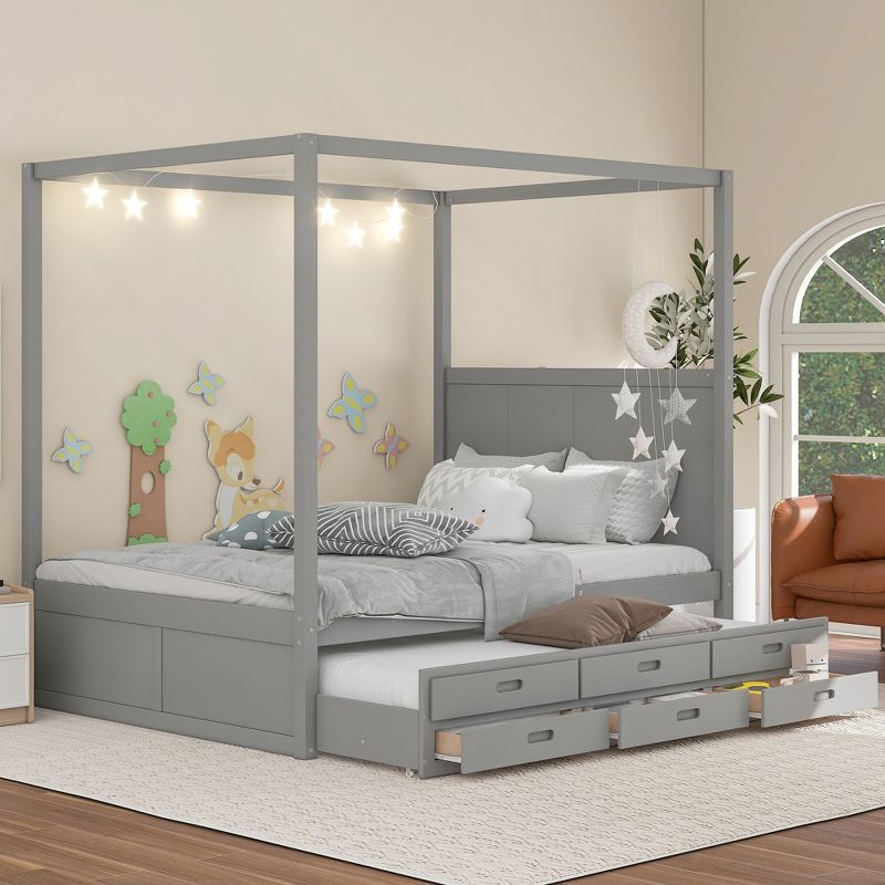 Queen Size Canopy Platform Bed with Twin Size Trundle Bed and Three Storage Drawers-ModernLuxe, 1 of 11