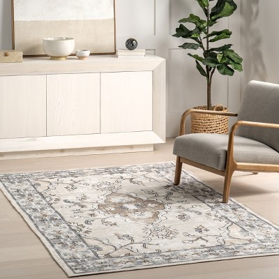 Gray Floral Cotton Synthetic Washable Round Area Rug
