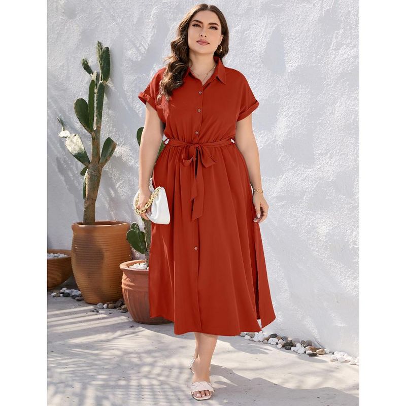 Plus Size Maxi Dresses for Women Summer Tie Belt Work Polo Dress Business Casual Button Down Dress, 2 of 7