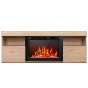 R.W.FLAME 59" Fireplace Tv Stand Mantel Wood Surround Firebox Freestanding, Infrared Quartz Heater Adjustable Led Flame, Remote Control, PECAN - 1 of 4