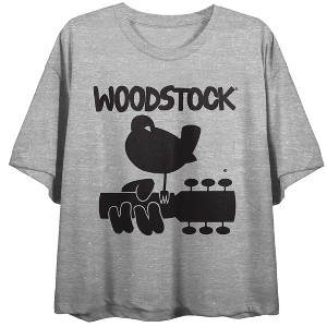 Woodstock Single Color Logo Women's Heather Gray Crop Tee with Short Sleeves and Crew Neck - 1 of 3