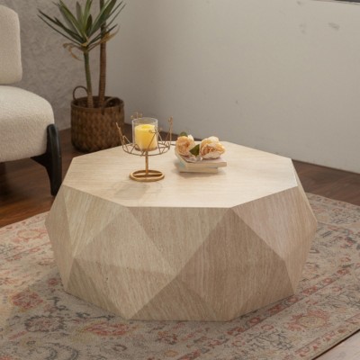 Modern Octagon Coffee Table with Fir Wood Top, No-Assembly Accent Center Table with Wood Grain Finish for Living Room or Apartment–The Pop Home
