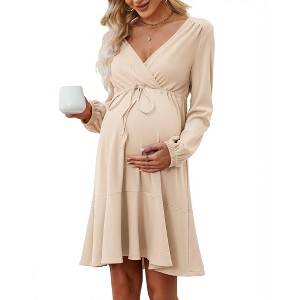 Coolmee Women V-neck Long Lantern Sleeve Waist Tunnel Drawstring Knee Length Maternity Dress Breastfeeding Dress - 1 of 2