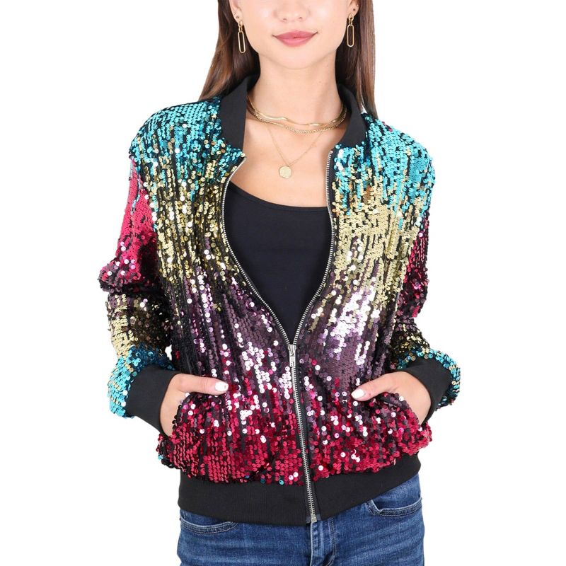 Anna-Kaci Women's Sequin Jacket Sparkle Long Sleeve Front Zip Casual Blazer Bomber Jacket With Pockets, 1 of 6