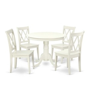 HomeStock 5-Pc Round Linen White Finish Solid Wood Top Dining table with 4 Chairs with Cross Back - 1 of 4