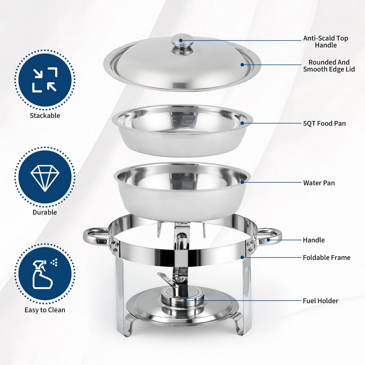 6QT Round Stainless Steel Chafing Dishes, Set of 4 Buffet Food Warmers, Metal Lids, for Catering, Parties, Silver - thumbnail 5