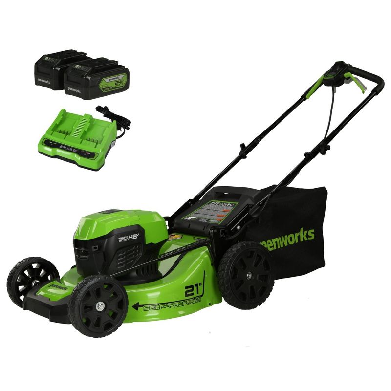 Greenworks POWERALL 21&#34; 24V 5Ah Cordless Brushless Self-Propelled Mower Kit with 2 USB Batteries and Dual Port Rapid Charger, 1 of 17