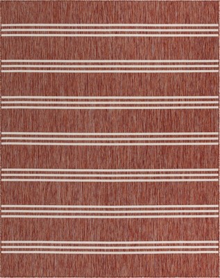 Rust Red and Ivory Striped Outdoor Synthetic Rug, 8' x 10'
