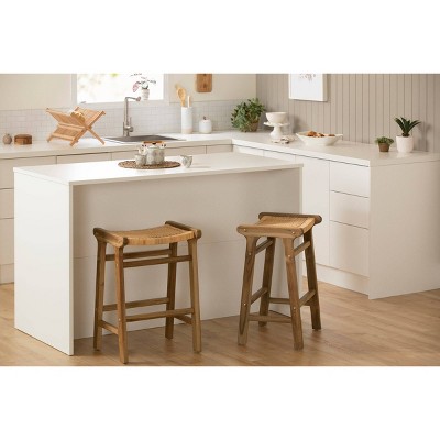 Natural Teak and Rattan Counter Height Bar Stools, Set of 2