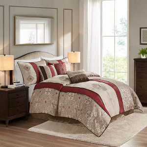 Sapphtopaz 7 Piece Comforter Set Jacquard Bedding Sets Plant Pattern Striped Prints with Embroidery Quilt Set with Throw Pillows - 1 of 4