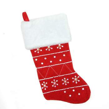 Northlight 19 Red and White Felt Christmas Stocking with Glitter  Snowflakes and Gemstones