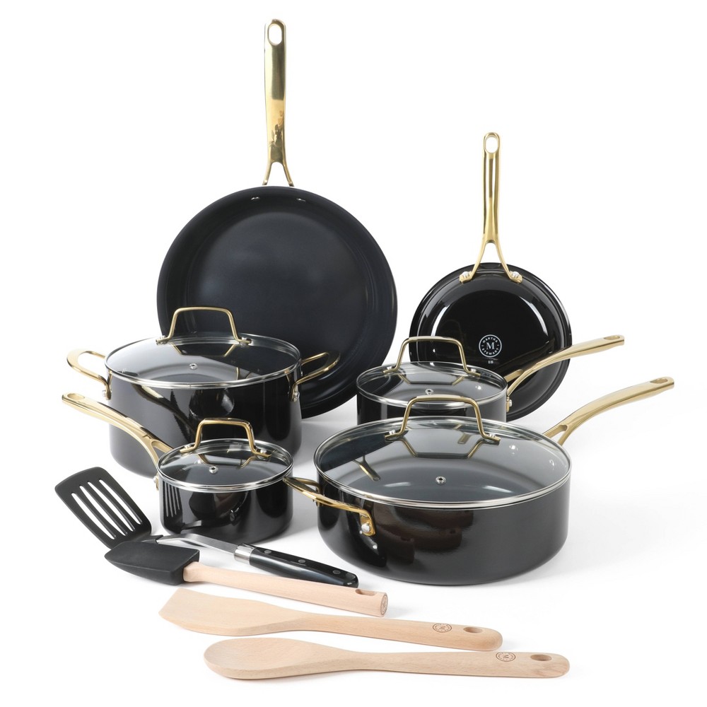 Martha Stewart Lockton 14pc Nonstick Heavy Gauge Aluminum Cookware Set Black Gold Handles