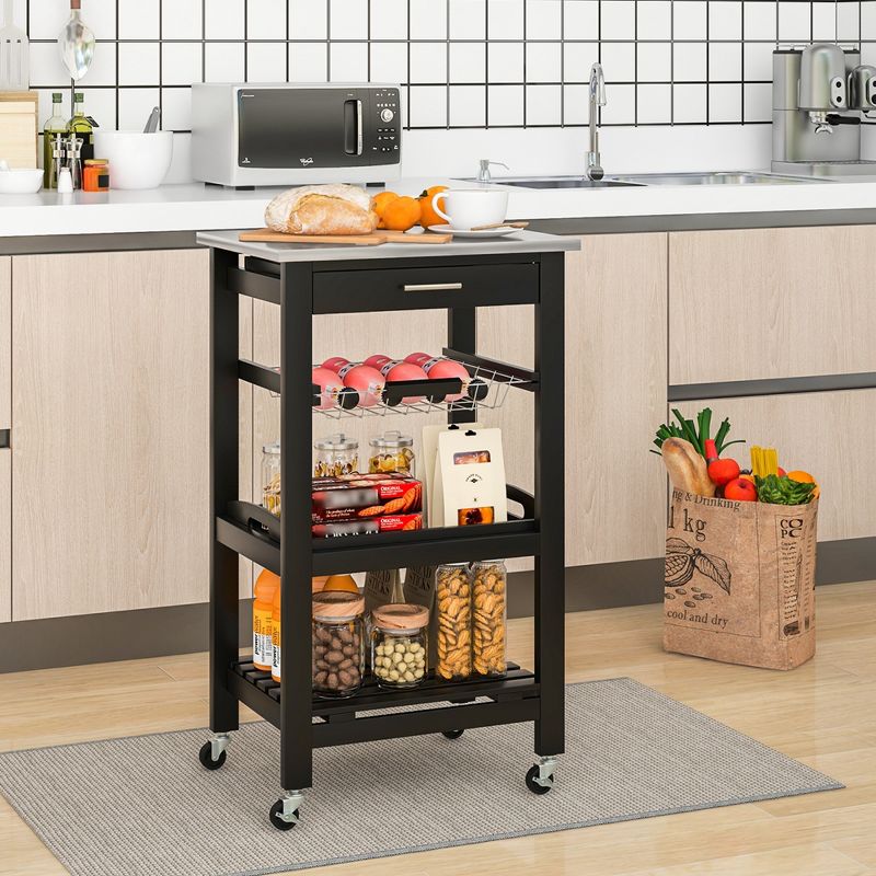 Costway Compact Kitchen Island Cart Rolling Service Trolley with Stainless Steel Top Basket, 2 of 11