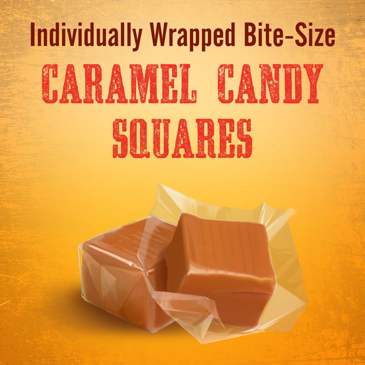 Two caramel colored candy squares partially wrapped in clear plastic with the text "Individually Wrapped Bite-Size Caramel Candy Squares" above.