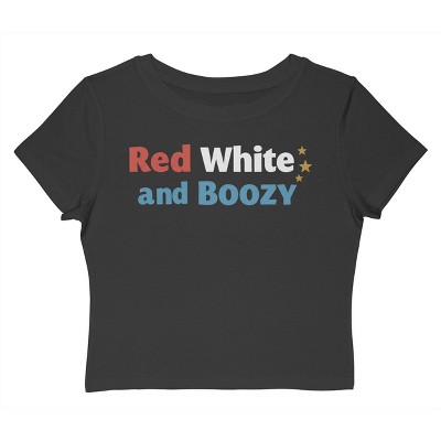 Rerun Island Women's Red White And Boozy Golden Star Americana 4Th Of July Short Sleeve Graphic Cotton Baby Tee - Caviar M
