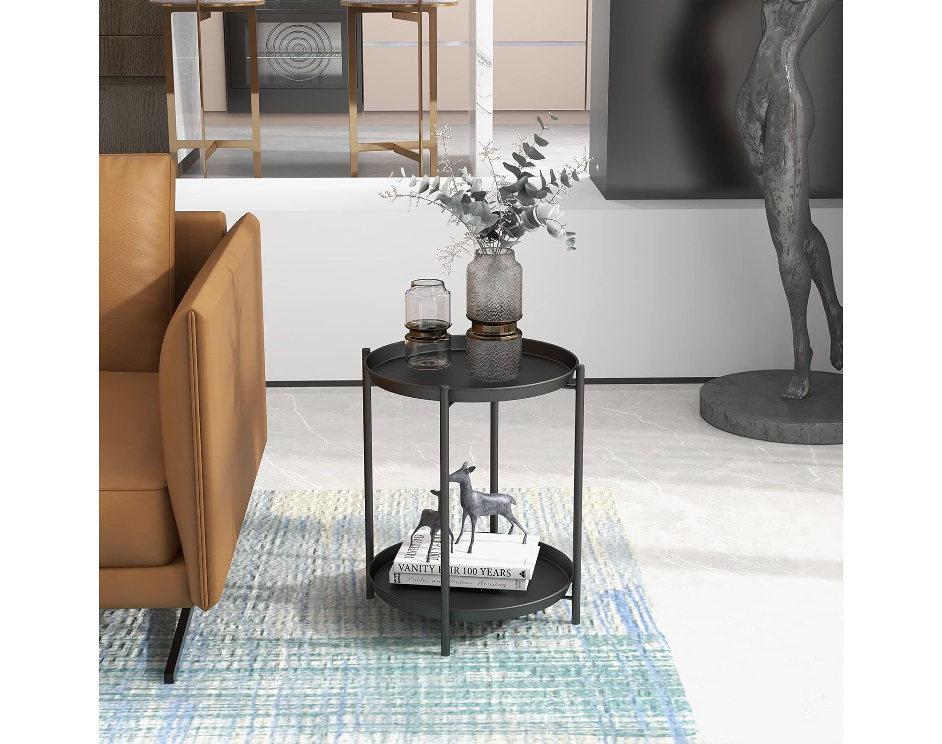 YARDGRACE Grand Patio Outdoor Side Table 2-Tier End Table Round Accent Table Peacock Black