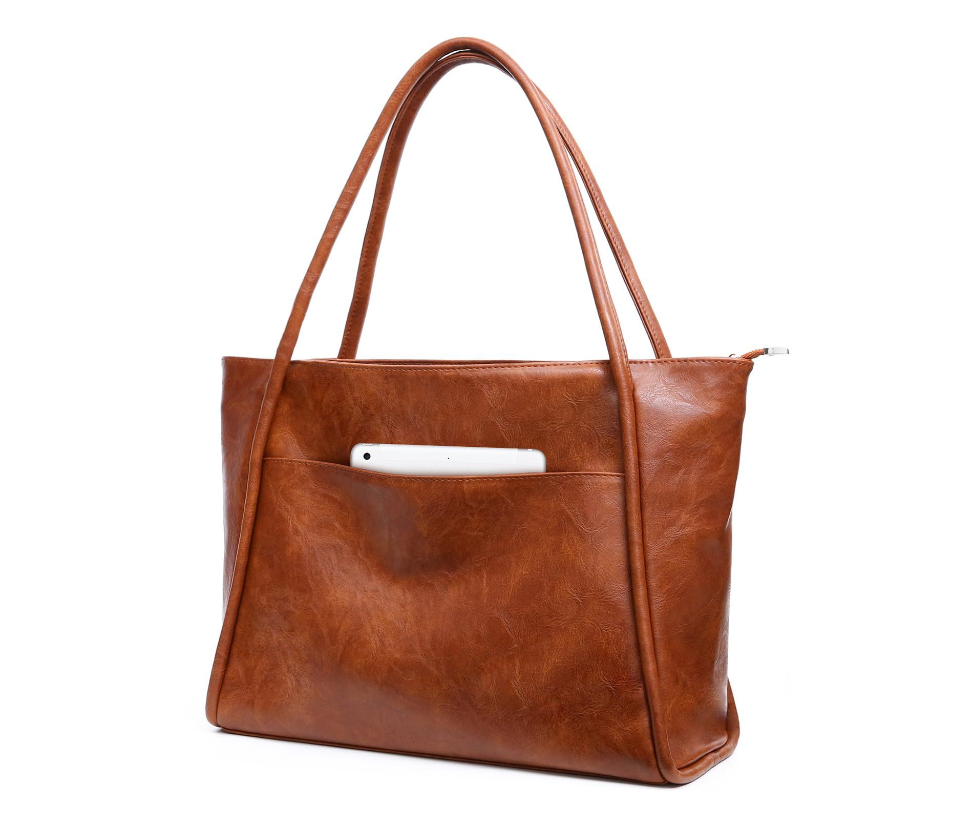 Large Tote Bag for Women Work with Zipper 16L Vegan Leather Ladies Travel Purses and Handbags Brown