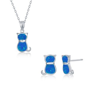Opalata Sterling Silver Blue Inlay Opal Cat Earrings and 18" Pendant Necklace Set - 1 of 4