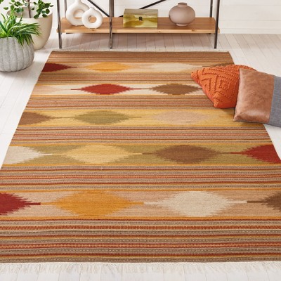 Handmade Red and Orange Wool Flat Woven Rectangular Rug