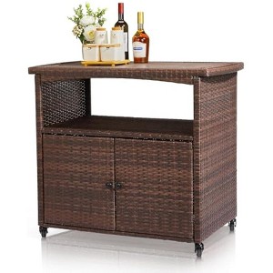 VINGLI Wicker Outdoor Bar Cart with Storage & Rolling Wheels, Patio Bar Table, Outdoor Storage Cabinet Buffet Cabinet Grill Cart for BBQ Pool Patio - 1 of 4