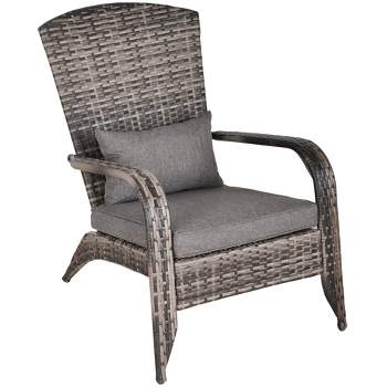 Outsunny Patio Adirondack Chair with All-Weather Rattan Wicker, Soft Cushions, Tall Curved Backrest for Deck or Garden