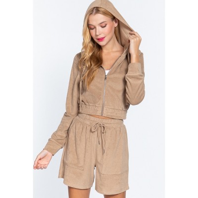 Slickblue Women's Terry Towelling Hoodie Jacket, Zip Up with Drawstring, Long Sleeve, Mocha/Olive/Stone Blue, Size S-L