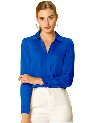 INSPIRE CHIC Women's Elegant V Neck Long Sleeve Office Work Satin Shirt