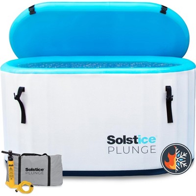 Solstice Plunge 100 Gallon 2 Person Inflatable Insulated Athlete Cold Plunge Ice Bath Tub with Lid, Handles, Pump, and Carrying Bag, White/Blue