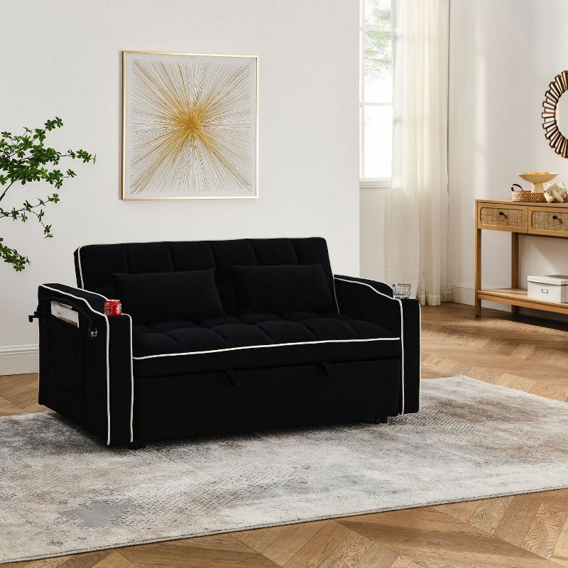 55.51 inch Velvet Versatile Foldable Sofa Bed in 3 Lengths with Adjustable Back, USB port and Swivel Phone Stand -  Maison Boucle, 2 of 9