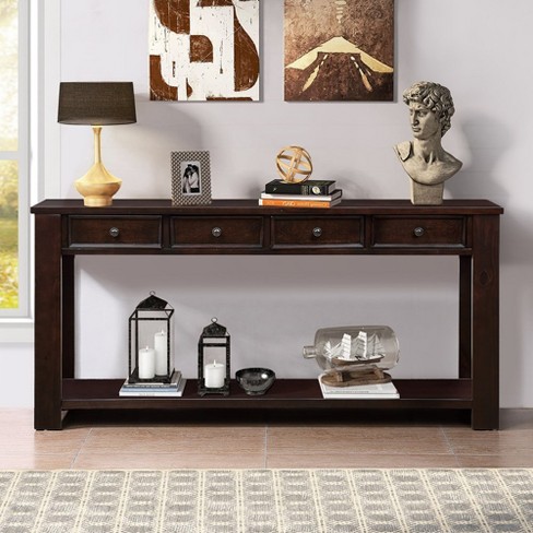 Farmhouse Entryway Table With Drawers And Storage Shelf - 63" Pine Wood ...