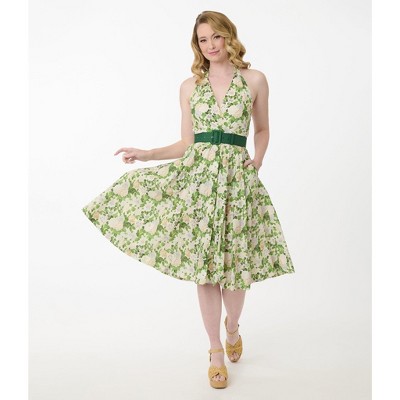 Unique Vintage Women's Tarrytown Hostess Dress White & Green Floral