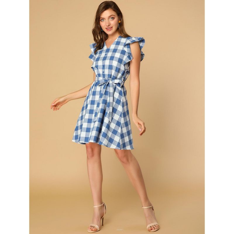 Allegra K Women's Casual Ruffled Sleeve A-Line Vintage Gingham Check Dress, 4 of 7