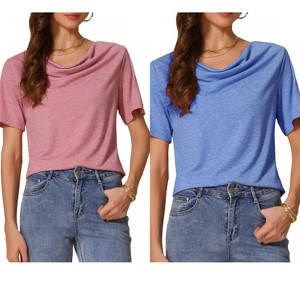 INSPIRE CHIC Women's Cowl Neck Short Sleeve Casual Stretchy Shirts 2 Packs - 1 of 4