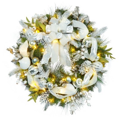 30 Inch Pre-lit Christmas Wreath for Front Door, Battery Operated Xmas Wreath with Ball Ornaments Bows and 40 LED Lights for Home Holiday Decor