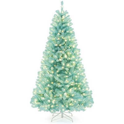Tangkula 7FT Pre-Lit Artificial Christmas Tree Hinged Xmas Tree with 1040 Branch Tips 380 Warm White LED Lights Holiday Decoration Tree